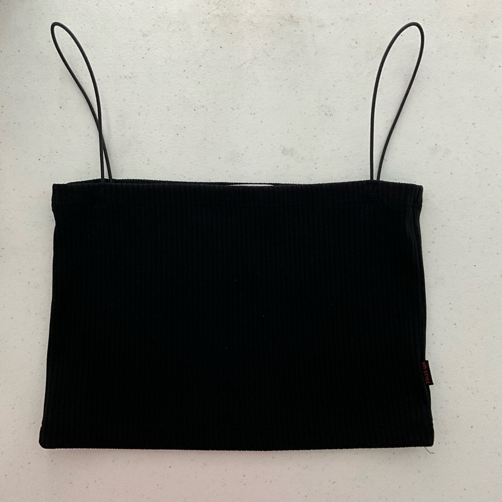 VM Women Black Ribbed Spaghetti Strap Crop Tube Tank Cami Top Bandeau Bralette